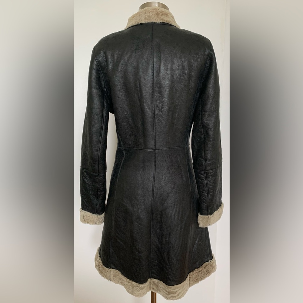 BOD & CHRISTENSEN Black Leather & Shearling Knee Length Coat - Picture 2 of 16